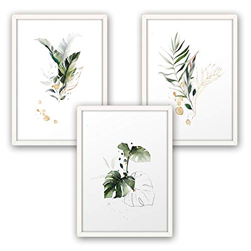 3-teiliges Premium Poster-Set | Kunstdruck | Botanik grün | Blätter | Deko Bild für Ihre Wand | optional mit Rahmen | Wohnzimmer Schlafzimmer Modern Fine Art | DIN A4 / A3 (A3, weißer Rahmen) von Kreative Feder