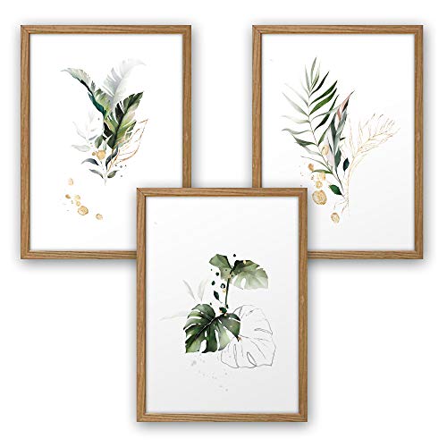 3-teiliges Premium Poster-Set | Kunstdruck | Botanik grün | Blätter | Deko Bild für Ihre Wand | optional mit Rahmen | Wohnzimmer Schlafzimmer Modern Fine Art | DIN A4 / A3 (A4, natur Rahmen) von Kreative Feder