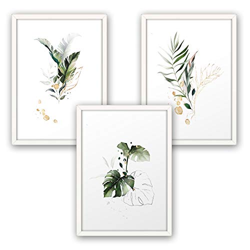 3-teiliges Premium Poster-Set | Kunstdruck | Botanik grün | Blätter | Deko Bild für Ihre Wand | optional mit Rahmen | Wohnzimmer Schlafzimmer Modern Fine Art | DIN A4 / A3 (A4, weißer Rahmen) von Kreative Feder