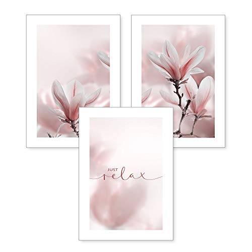 3-teiliges Premium Poster-Set | Magnolie | Deko Bild für Ihre Wand | optional mit Rahmen | Wohnzimmer Schlafzimmer Modern Fine Art | DIN A4 / A3 (A4, ohne Rahmen) von Kreative Feder