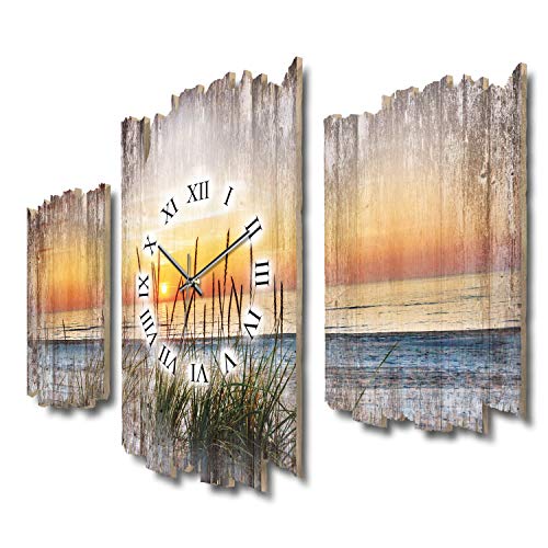 Abendspaziergang am Strand Sand Sonnenuntergang Düne Landschaft Shabby chic Landhaus Dreiteilige Designer Wanduhr leise Uhr ohne Ticken 95 x 60 cm aus MDF-Holz DTWH098L (leises Quarzuhrwerk) von Kreative Feder