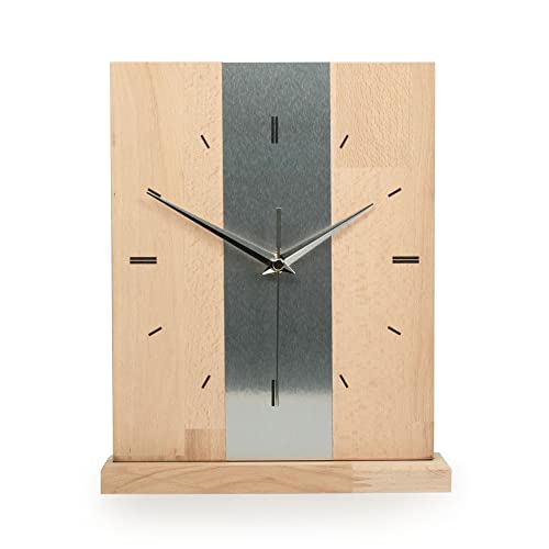 Kreative Feder Designer-STANDUHR Silver Stripe aus MASSIVHOLZ 27x20cm – analoge TISCHUHR ohne Tickgeräusche (Quarzuhrwerk, Buche) von Kreative Feder