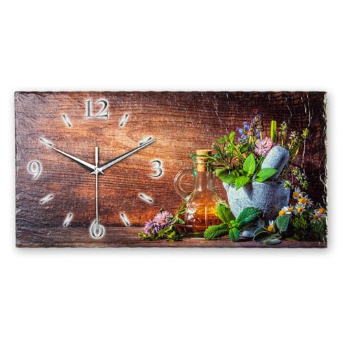 Designer-Wanduhr Kräuter aus Stein mit Zeigern aus gebürstetem Aluminium - Designeruhr aus Stein mit flüsterleisem Uhrwerk (Wiesen-Kräuter, leises Funkuhrwerk) von Kreative Feder