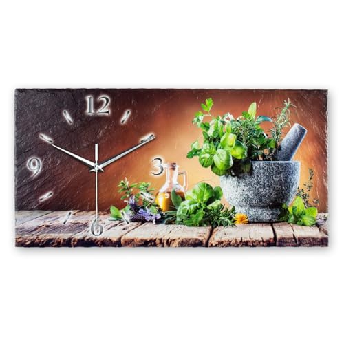 Designer-Wanduhr Kräuter aus Stein mit Zeigern aus gebürstetem Aluminium - Designeruhr aus Stein mit flüsterleisem Uhrwerk (Kräuter, leises Funkuhrwerk) von Kreative Feder