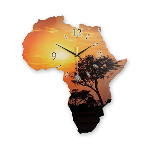 Kreative Feder Designer-Wanduhr „Afrika“ in Landkarten-Form mit Motiv - Größe ca. 50x45 cm geräuschlos analog (leises Funkuhrwerk, Baum) von Kreative Feder
