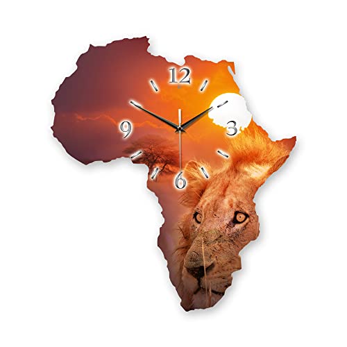 Kreative Feder Designer-Wanduhr „Afrika“ in Landkarten-Form mit Motiv - Größe ca. 50x45 cm geräuschlos analog (leises Quarzuhrwerk, Löwe) von Kreative Feder