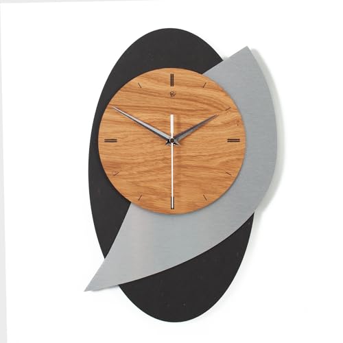 Designer Wanduhr Black Dome aus Holz in modernem Metallic-Look braun, schwarz, Silber; Größe 29x40cm; mit leisem Uhrwerk (leises Funkuhrwerk) von Kreative Feder