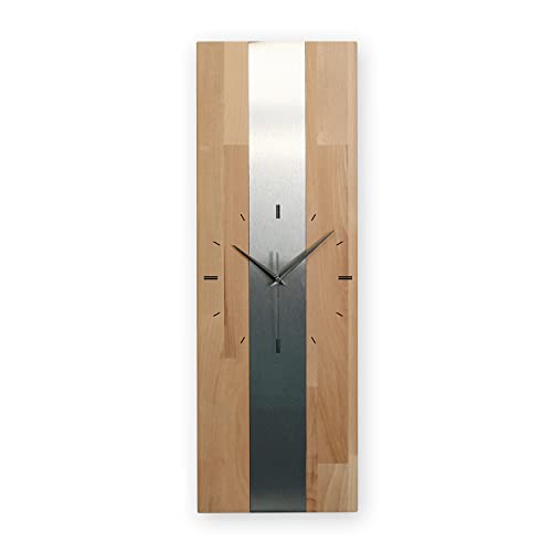 Designer-Wanduhr Silver Stripe lautlose Funkuhr oder Quarzuhr aus Massivholz Buche oder Eiche analog ohne Tickgeräusche 60x20cm metallic modern Luxus Made in Germany (Quarzuhrwerk, Buche) von Kreative Feder