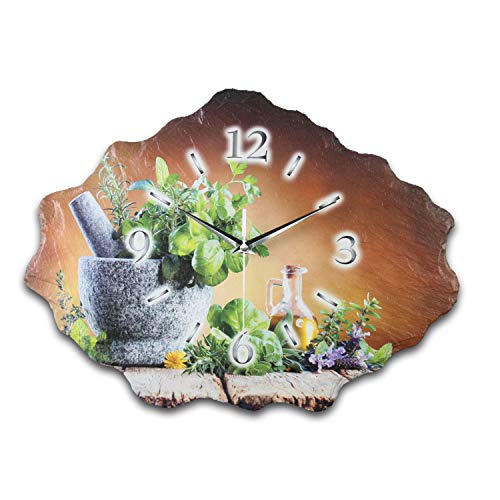 Designer-Wanduhr aus Stein (Beton) mit flüsterleisem Uhrwerk - Kräuter von Kreative Feder