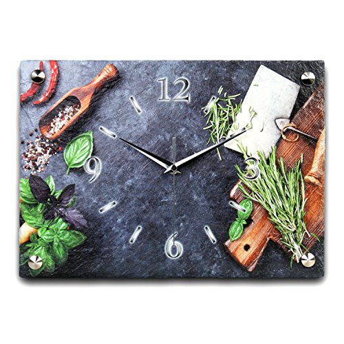 Designer-Wanduhr aus Stein (Beton) schwarz 35x25cm mit flüsterleisem Funkuhrwerk - Kräuter von Kreative Feder