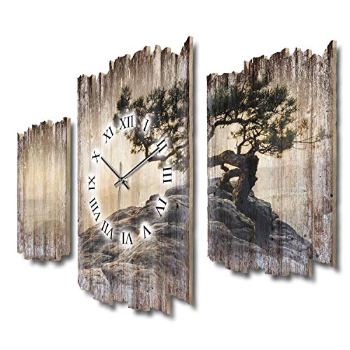 Einsamer Baum Natur Beige Shabby chic Landhaus Dreiteilige Designer Wanduhr leise ohne Ticken 95 x 60 cm aus MDF-Holz DTWH017L (leise Quarzuhrwerk) von Kreative Feder