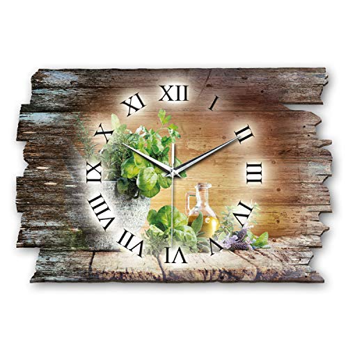 Designer Wanduhr „Kräuter“ aus Holz 40x27cm im Shabby Style Design - Designeruhr mit flüsterleisem Uhrwerk ohne Ticken (Kräuter, leises Funkuhrwerk) von Kreative Feder