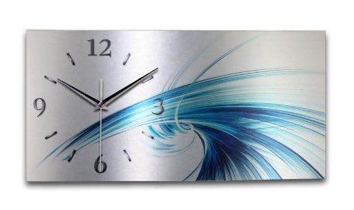 Kreative Feder „Abstrakt blau“ - Designer-Wanduhr aus gebürstetem Aluminium in Zwei Größen mit leisem Uhrwerk (Abstrakt blau, Funkuhr 50x25cm) von Kreative Feder