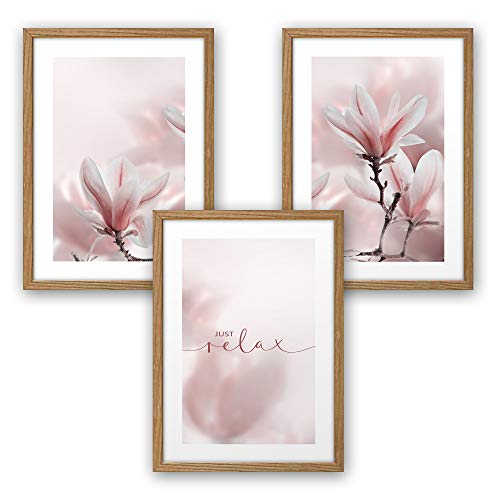 Kreative Feder 3-teiliges Premium Poster-Set | Magnolie | Deko Bild für Ihre Wand | optional mit Rahmen | Wohnzimmer Schlafzimmer Modern Fine Art | DIN A4 / A3 (A4, natur Rahmen) von Kreative Feder