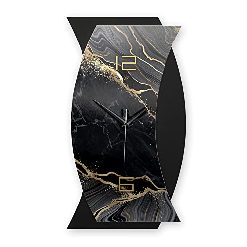 Kreative Feder 3D Designer-Wanduhr Black & Gold Marble abstrakte Funkuhr 50x28cm Schwarz in modernem Metallic-Look ohne Tickgeräusche (Black & Gold Marble, leises Quarzuhrwerk) von Kreative Feder