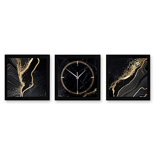3D Designer-Wanduhr Gold & Black Marble 3-teilige Quarzuhr 150x50cm Schwarz in modernem Metallic-Look rechteckig ohne Tickgeräusche (Gold & Black Marble Querformat, 150x50cm; leises Quarzuhrwerk) von Kreative Feder