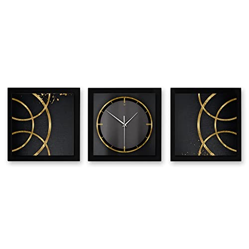 Kreative Feder 3D Designer-Wanduhr Golden Rings 3-teilige Funkuhr 90x30cm Schwarz in modernem Metallic-Look rechteckig ohne Tickgeräusche (klein (90x30cm), leises Funkuhrwerk) von Kreative Feder