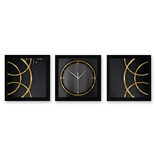 Kreative Feder 3D Designer-Wanduhr Golden Rings 3-teilige Quarzuhr 90x30cm Schwarz in modernem Metallic-Look rechteckig ohne Tickgeräusche (Golden Rings, 90x30cm; leises Quarzuhrwerk) von Kreative Feder