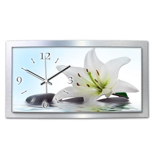 Kreative Feder 3D Designer-Wanduhr Lilie Weiß in modernem Metallic-Design; leise Funkuhr mit Motiv wahlweise in Zwei Größen (Lilie, 80x40cm; leises Funkuhrwerk) von Kreative Feder