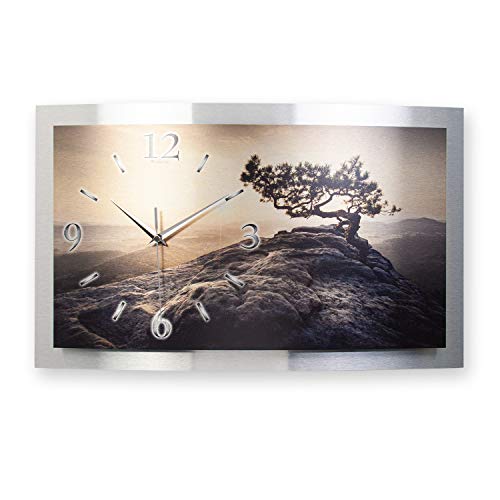 Kreative Feder 3D Designer-Wanduhr in modernem Metallic-Design; leise Wanduhr wahlweise Funk oder Quarz mit glänzendem Motiv in Zwei Größen (Einsamer Baum, 50x30cm; leises Quarzuhrwerk) von Kreative Feder