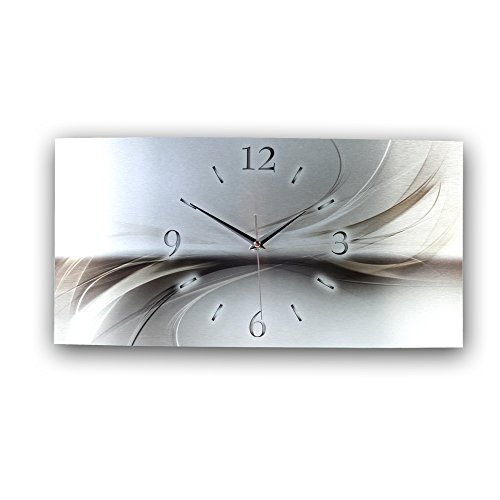 Kreative Feder „Abstrakt Silber“ - Designer-Wanduhr aus gebürstetem Aluminium in Zwei Größen mit leisem Uhrwerk (Abstrakt Silber, Funkuhr 50x25cm) von Kreative Feder