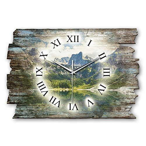 Kreative Feder Alpen Berg See Shabby Style Designer Wanduhr Funkuhr aus Holz *Made in Germany leise ohne Ticken WH029FL 40x27cm (leises Funkuhrwerk) von Kreative Feder