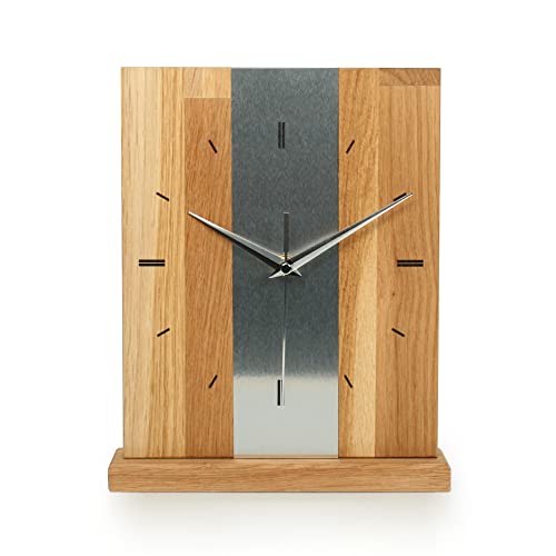 Kreative Feder Designer-STANDUHR Silver Stripe aus MASSIVHOLZ 27x20cm – analoge TISCHUHR ohne Tickgeräusche (Funkuhrwerk, Eiche) von Kreative Feder