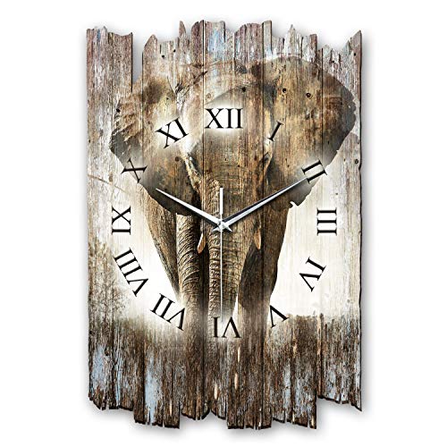 Kreative Feder Designer Wanduhr „Elefant“ aus Holz 40x27cm im Shabby Style Design - Designeruhr mit flüsterleisem Uhrwerk ohne Ticken (Elefant, leises Funkuhrwerk) von Kreative Feder