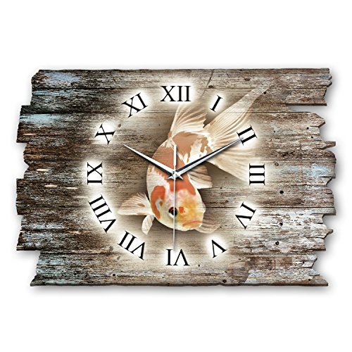 Kreative Feder Designer Wanduhr „Koi“ aus Holz 40x27cm im Shabby Style Design - Designeruhr mit flüsterleisem Uhrwerk ohne Ticken (Koi, leises Funkuhrwerk) von Kreative Feder
