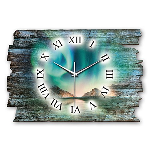 Kreative Feder Designer Wanduhr „Nordlichter“ aus Holz 40x27cm im Shabby Style Design - Designeruhr mit flüsterleisem Uhrwerk ohne Ticken (Nordlichter, leises Quarzuhrwerk) von Kreative Feder