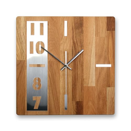 Kreative Feder Designer-Wanduhr „Timeline“ aus massivem Echtholz mit modernem Metallic-Look (leises Funkuhrwerk, Eiche) von Kreative Feder