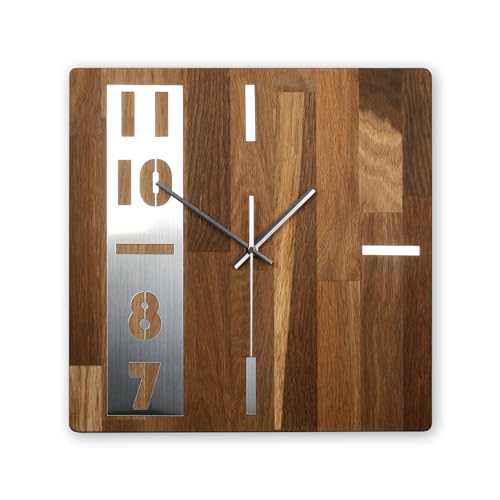 Kreative Feder Designer-Wanduhr „Timeline“ aus massivem Echtholz mit modernem Metallic-Look (leises Funkuhrwerk, Eiche geräuchert) von Kreative Feder