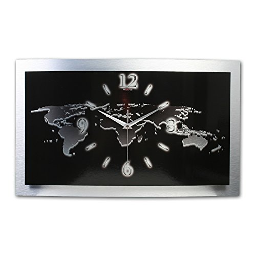 Kreative Feder Designer Wanduhr „Weltkarte“ - leise Funkuhr Größe 50x30cm silbern-schwarz in modernem Design WAA011FL von Kreative Feder