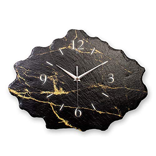 Designer-Wanduhr aus Stein (Keramik) Größe ca. 40x30cm mit flüsterleisem Uhrwerk (Black & Gold schwarz, leises Funkuhrwerk) von Kreative Feder