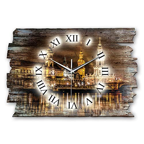 Kreative Feder Dresden bei Nacht Landhaus Shabby Designer Wanduhr Quarzuhr aus Holz *Made in Germany leise ohne Ticken WH079L 40x27cm (leises Quarzuhrwerk) von Kreative Feder