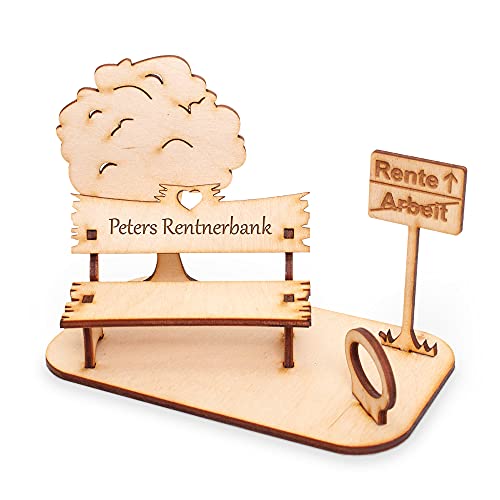 Geldgeschenk-Bank aus Holz – personalisierbar mit Gravur – kreative Geschenkidee zur Rente – DIY Bausatz (Motiv Rente) von Kreative Feder