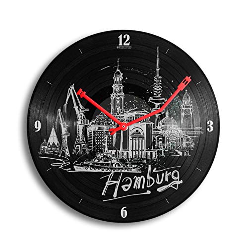 Kreative Feder Hamburg Music Schallplatten-Uhr Retro Vinyl Designer Funk Wanduhr leise Funkuhr ohne Ticken 30cm WSP035FL (leises Funkuhrwerk) von Kreative Feder