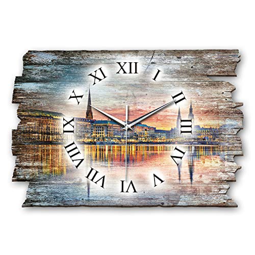 Kreative Feder Hamburg Skyline Landhaus Shabby Designer Wanduhr Funkuhr aus Holz *Made in Germany leise ohne Ticken WH099FL 40x27cm (leises Funkuhrwerk) von Kreative Feder