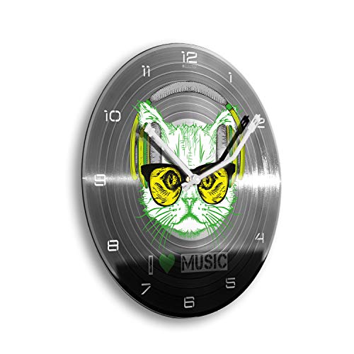 Kreative Feder I Love Music Cat Headphones Schallplatten-Uhr Retro Vinyl Designer Funk Wanduhr leise Funkuhr ohne Ticken 30cm WSP021FL (leises Funkuhrwerk) von Kreative Feder