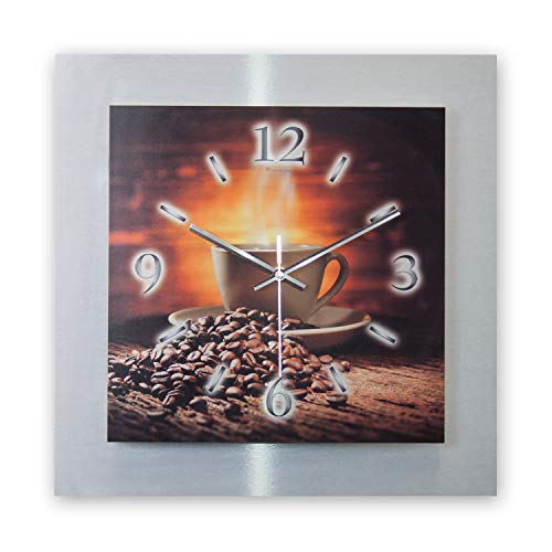 Kreative Feder Kaffee Genuss 3D Metallic Silver Brushed Designer Funk Wanduhr leise Funkuhr ohne Ticken 40 x40 cm aus Alu-Verbund WAA131FL (leises Funkuhrwerk) von Kreative Feder