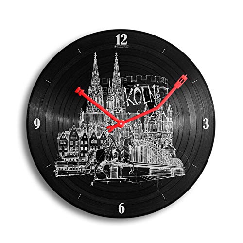 Kreative Feder Köln Music Schallplatten-Uhr Retro Vinyl Designer Funk Wanduhr leise Funkuhr ohne Ticken 30cm WSP038FL (leises Funkuhrwerk) von Kreative Feder