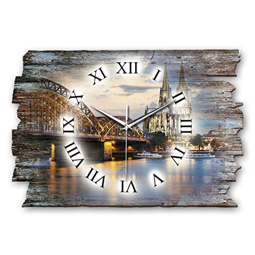 Kreative Feder Köln Skyline Landhaus Shabby Designer Wanduhr Funkuhr aus Holz *Made in Germany leise ohne Ticken WH069FL 40x27cm (leises Funkuhrwerk) von Kreative Feder