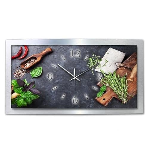 3D Designer-Wanduhr Kräuter Küche in modernem Metallic-Design; leise Funkuhr mit Motiv wahlweise in Zwei Größen (Kräuter, 80x40cm; leises Funkuhrwerk) von Kreative Feder