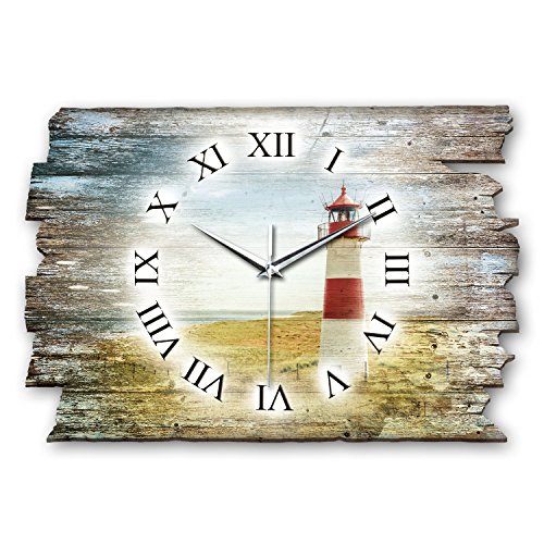 Kreative Feder Designer Wanduhr Leuchtturm Rot aus Holz Größe 40x27cm - Funkuhr im Landhaus-Stil Shabby-Style Made in Germany leise ohne Ticken (Leuchtturm Rot, leises Funkuhrwerk) von Kreative Feder