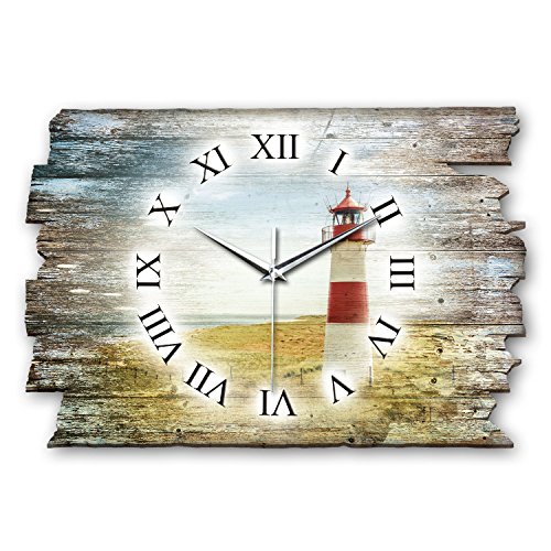 Kreative Feder Leuchtturm Rot Landhaus Shabby Style Designer Wanduhr Funkuhr aus Holz *Made in Germany leise ohne Ticken WH077FL 40x27cm (leises Funkuhrwerk) von Kreative Feder