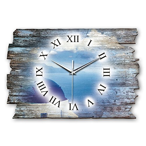 Kreative Feder Designer Wanduhr Meerblick Griechenland aus Holz Größe 40x27cm - Wanduhr im Landhaus-Stil Shabby-Style Made in Germany leise ohne Ticken (Meerblick Griechenland, leises Quarzuhrwerk) von Kreative Feder
