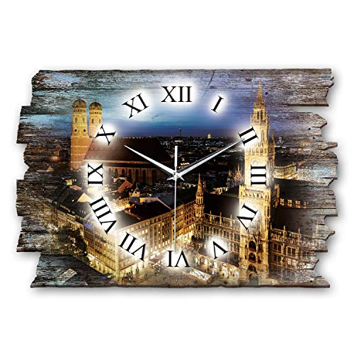 Kreative Feder München Skyline Landhaus Shabby Designer Wanduhr Funkuhr aus Holz *Made in Germany leise ohne Ticken WH075FL 40x27cm (leises Funkuhrwerk) von Kreative Feder