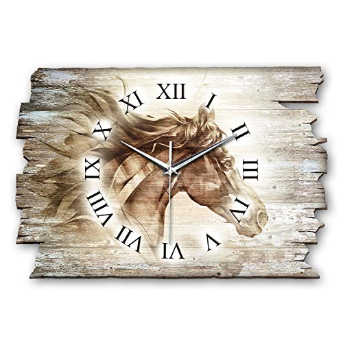 Kreative Feder Designer Wanduhr „Pferd“ aus Holz 40x27cm im Shabby Style Design - Designeruhr mit flüsterleisem Uhrwerk ohne Ticken (Pferd, leises Quarzuhrwerk) von Kreative Feder