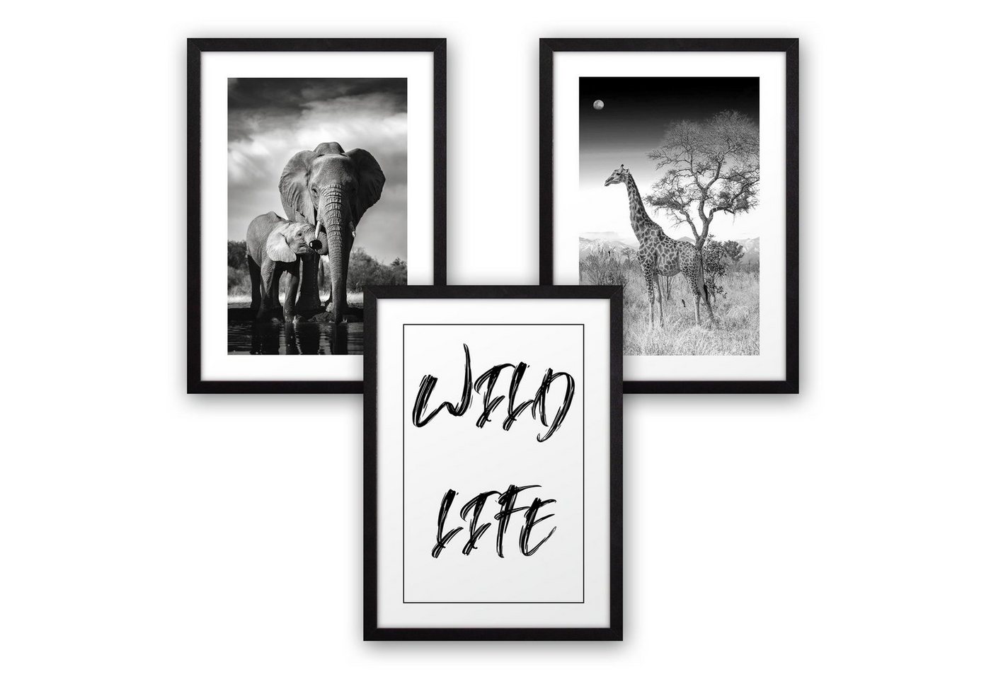 Kreative Feder Poster, Afrika, Savanne, Elefant, Giraffe, Natur, Landschaft, Tiere (Set, 3 St), 3-teiliges Poster-Set, Kunstdruck, Wandbild, optional mit Rahmen, wahlw. in DIN A4 / A3, 3-WP059 von Kreative Feder