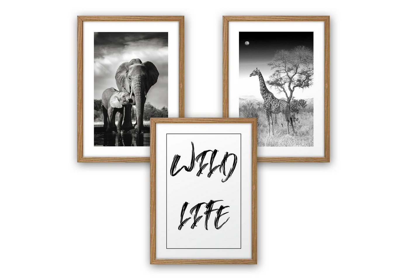 Kreative Feder Poster, Afrika, Savanne, Elefant, Giraffe, Natur, Landschaft, Tiere (Set, 3 St), 3-teiliges Poster-Set, Kunstdruck, Wandbild, optional mit Rahmen, wahlw. in DIN A4 / A3, 3-WP059 von Kreative Feder